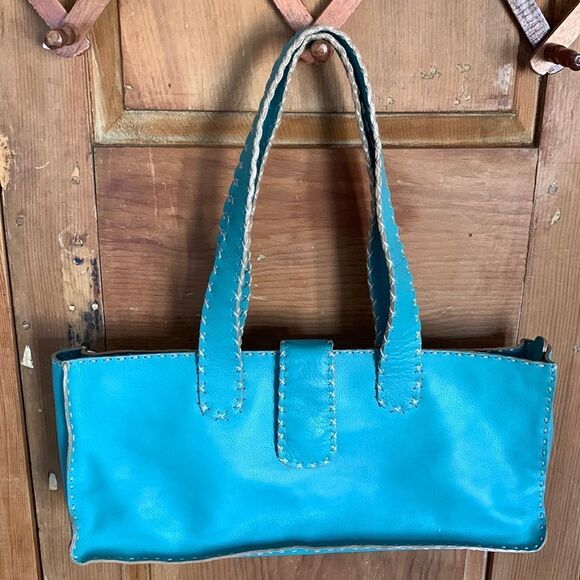 RD2 Randal Dodge aqua teal leather cross stitch trim shoulder bag - Picture 1 of 9